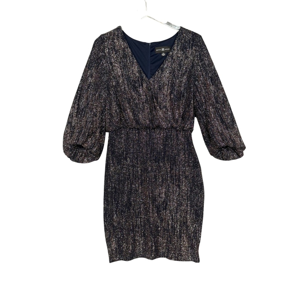 Betsy Adam Dress Womens 6 Black Metallic Sparkle Blouson Party 3/4 Sleeve Lined